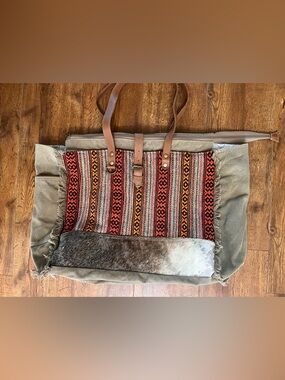 Myra B Boho Stripe Canvas Tote with Leather Straps and Fur Accent - Multicolor